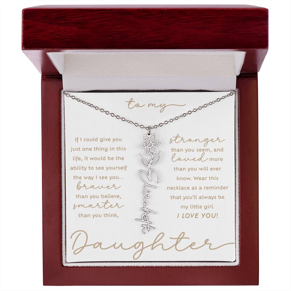 To My Daughter i love you message card March daffodil birth month flower custom script name necklace in polished stainless steel - luxury LED light gift box - perfect Christmas or birthday gift for your lovely daughter