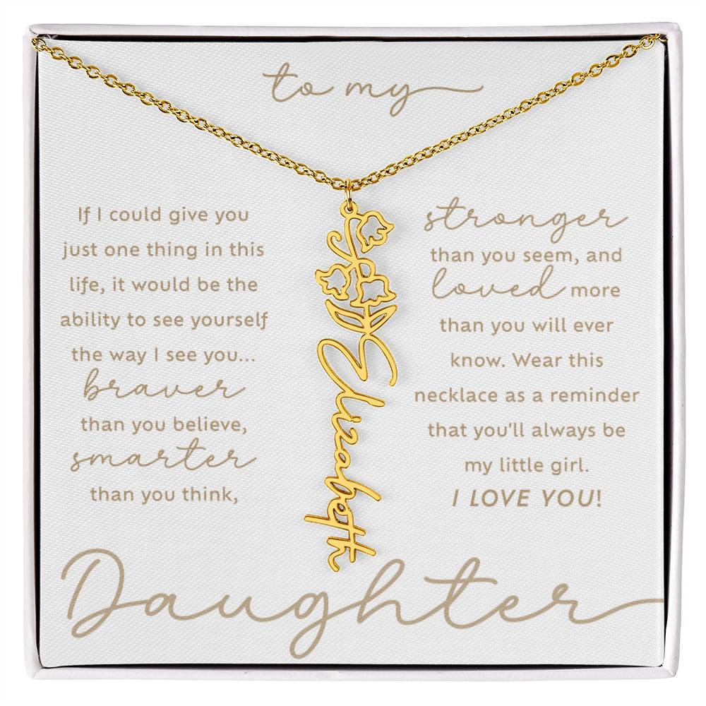 To My Daughter i love you message card May lily of the valley birth month flower script custom name 18k gold necklace in a standard two-tone gift box - perfect Christmas or birthday gift