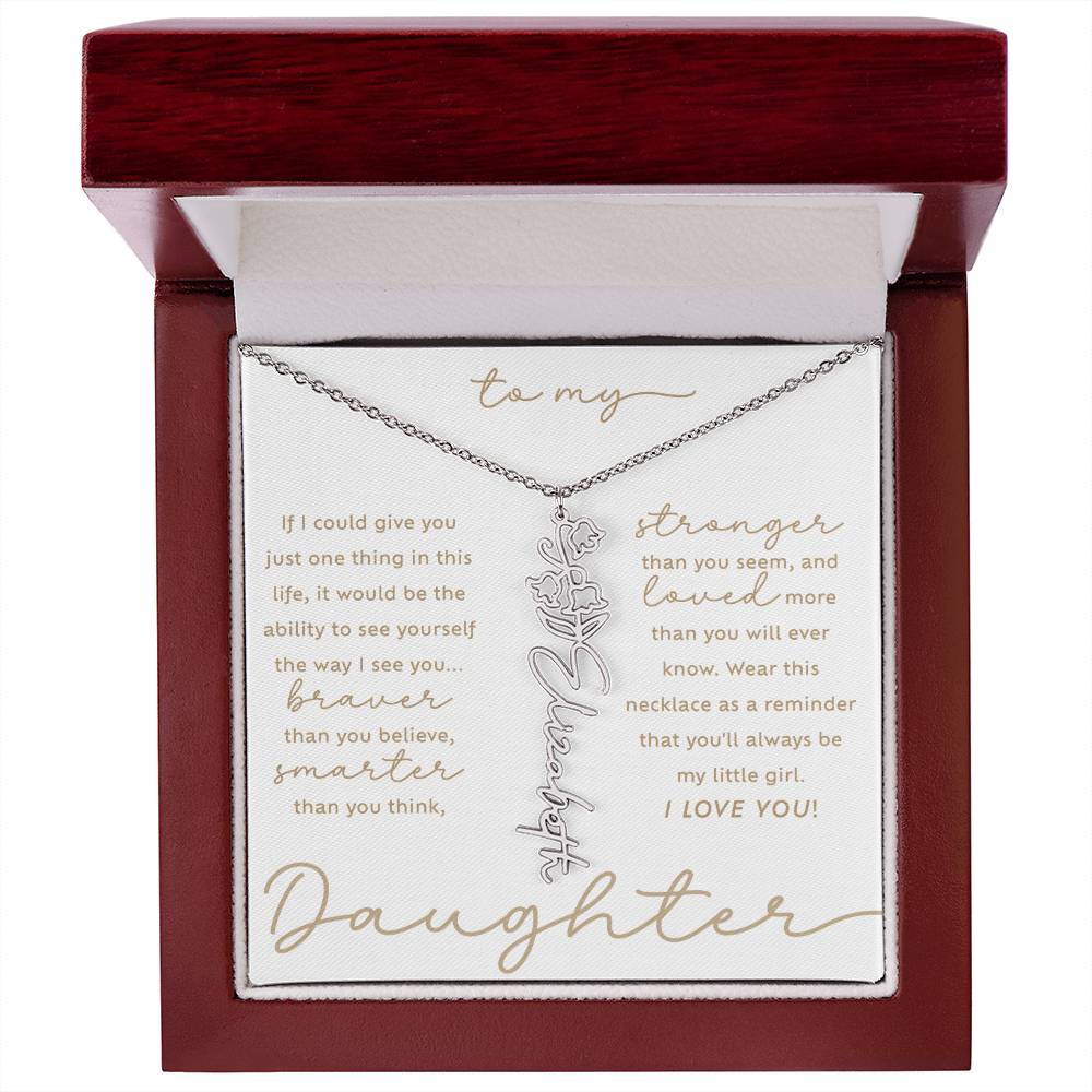 To My Daughter i love you message card May lily of the valley birth month flower custom script name necklace in polished stainless steel - luxury LED light gift box - perfect Christmas or birthday gift for your lovely daughter