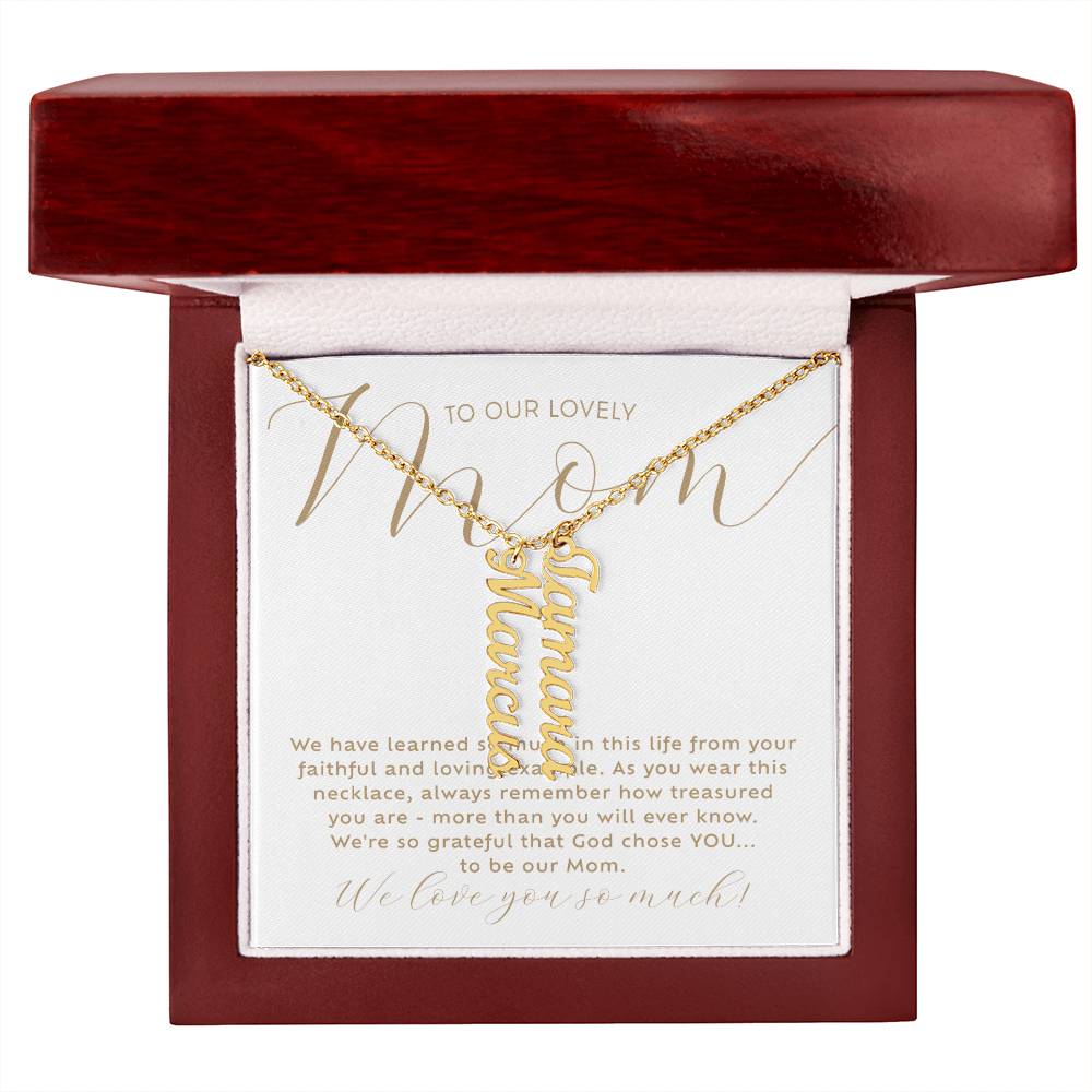 Personalized 2 multi-kid's names gold necklace with heartfelt Christian faith-based message card insert in a luxury mahogany wood-like LED light gift box - the perfect Christmas gift / holiday / birthday / Mother's Day gift for your mom from children of any age!