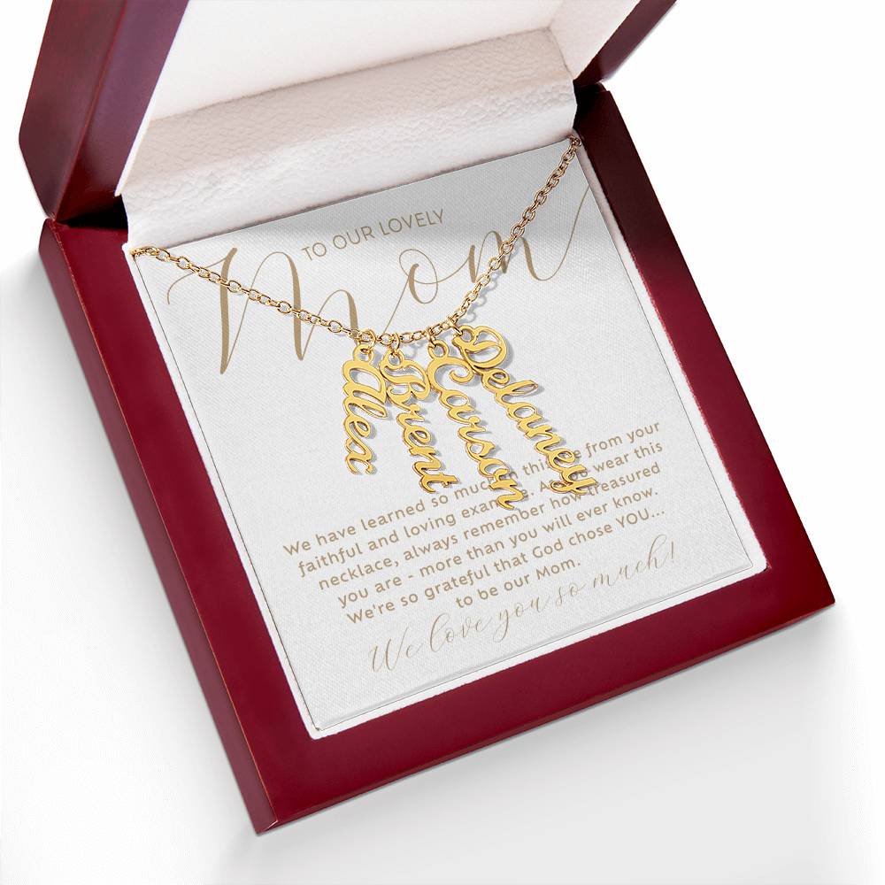 Personalized 4 multi-kids name gold necklace with heartfelt Christian faith-based message card insert in a luxury mahogany wood-like LED light gift box - the perfect Christmas gift / holiday / birthday / Mother's Day gift for your mom from children of any age! 