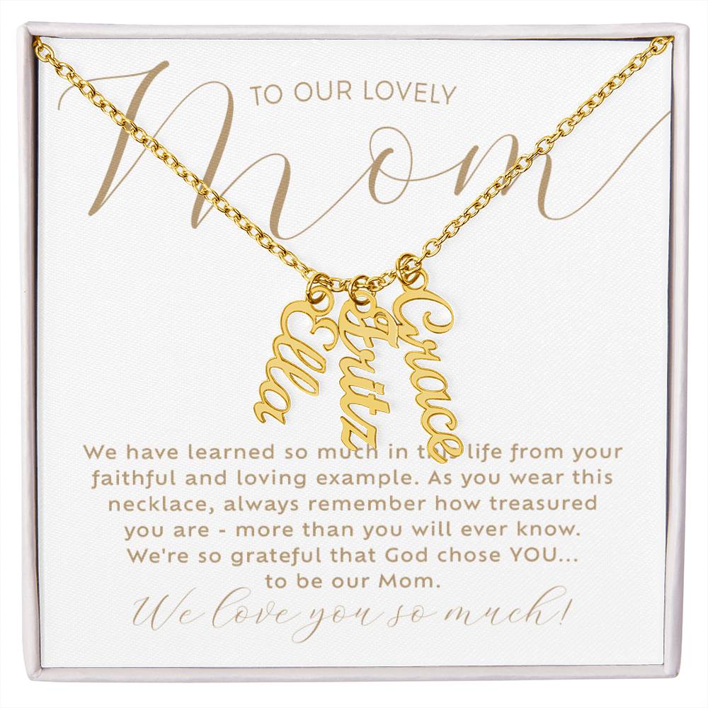 Personalized 3 multi-kids name 18k gold necklace with heartfelt Christian faith-based message card insert and gift box - the perfect Christmas gift / holiday / birthday / Mother's Day gift for your mom from children of any age!