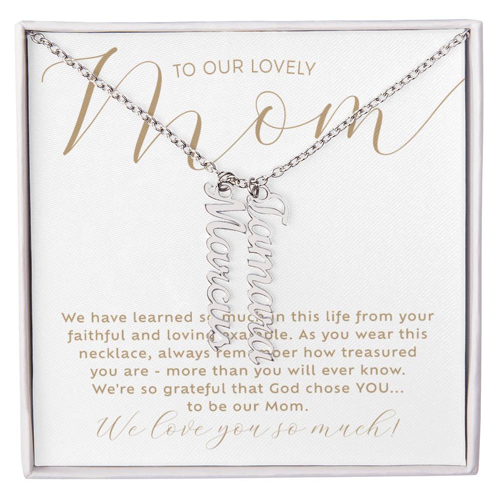 Personalized 2 multi-kids name polished stainless steel silver necklace with heartfelt Christian faith-based message card insert and gift box - the perfect Christmas gift / holiday / birthday / Mother's Day gift for your mom from children of any age! 