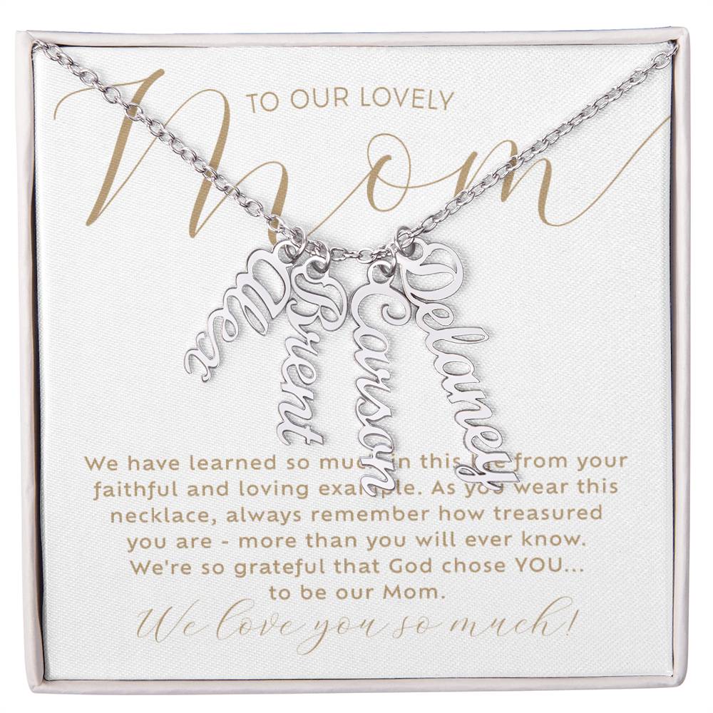 Personalized 4 multi-kids name polished stainless steel silver necklace with heartfelt Christian faith-based message card insert and gift box - the perfect Christmas gift / holiday / birthday / Mother's Day gift for your mom from children of any age! 