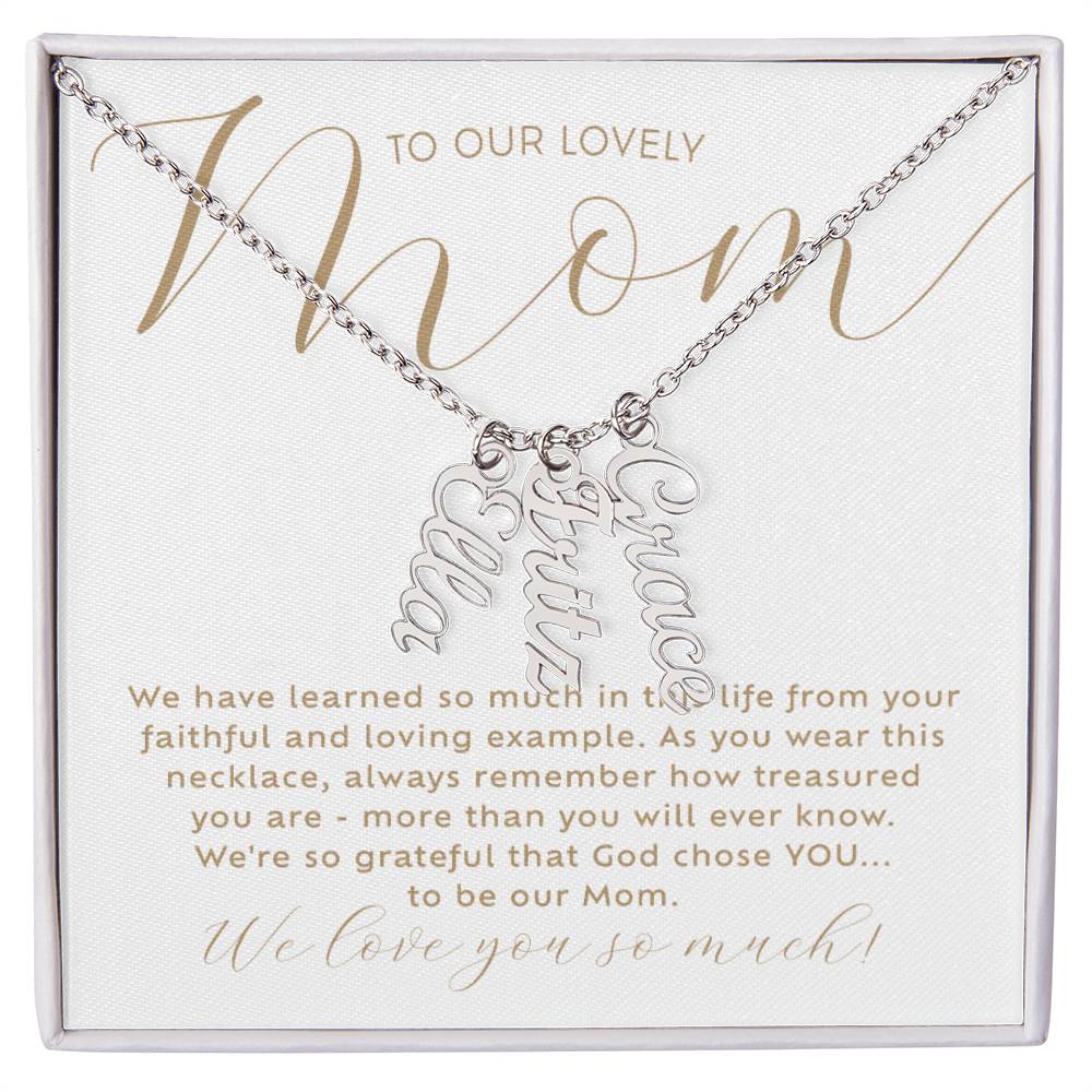 Personalized 3 multi-kids name gold necklace with heartfelt Christian faith-based message card insert - the perfect Christmas gift / holiday / birthday / Mother's Day gift for your mom from children of any age! 