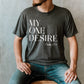 Man wearing a "My One Desire - Psalm 27:4" bible verse heather dark gray Bella Canvas 3001 unisex Christian t-shirt for those who seek after God