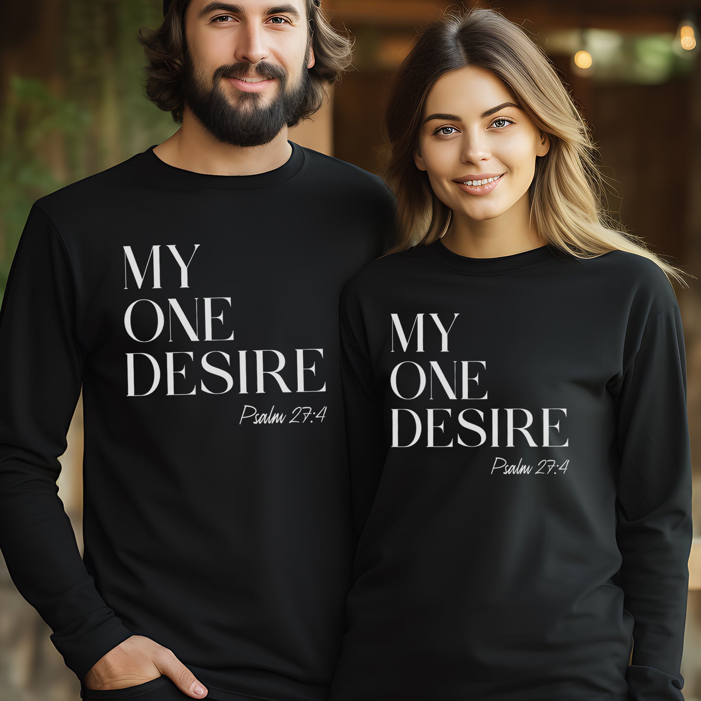 Black cozy soft long sleeve Christian unisex t-shirt with simple modern My One Desire Psalm 27:4 bible verse message printed on front side in white text, designed for both men and women 