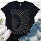 The Names of God Hebrew Christian Old Testament Bible List Sunshine T-Shirt, printed in gold and white on Black Bella-Canvas 3001 t-shirt, women's soft unisex fit regular and plus size tee