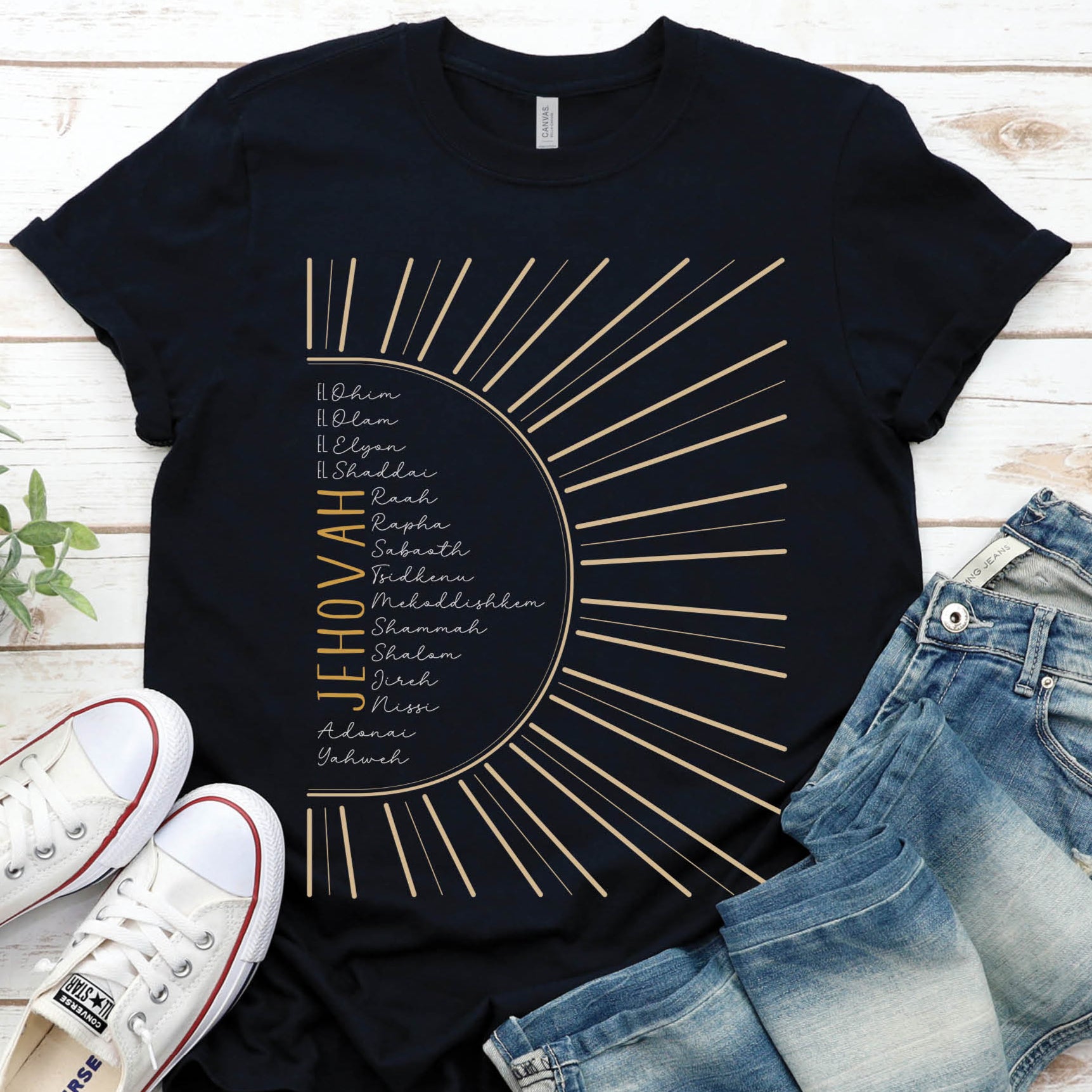The Names of God Hebrew Christian Old Testament Bible List Sunshine T-Shirt, printed in gold and white on Black Bella-Canvas 3001 t-shirt, women's soft unisex fit regular and plus size tee