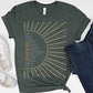 The Names of God Hebrew Christian Old Testament Bible List Sunshine T-Shirt, printed in gold and white on Heather Forest Green Bella-Canvas 3001 t-shirt, women's soft unisex fit regular and plus size tee