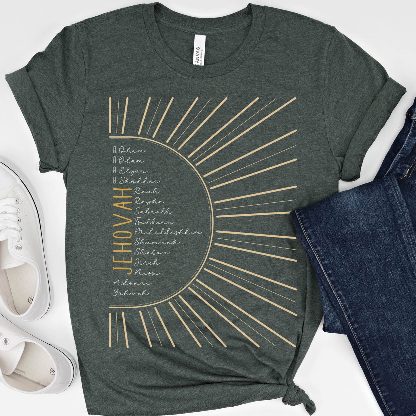 The Names of God Hebrew Christian Old Testament Bible List Sunshine T-Shirt, printed in gold and white on Heather Forest Green Bella-Canvas 3001 t-shirt, women's soft unisex fit regular and plus size tee