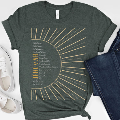 The Names of God Hebrew Christian Old Testament Bible List Sunshine T-Shirt, printed in gold and white on Heather Forest Green Bella-Canvas 3001 t-shirt, women's soft unisex fit regular and plus size tee