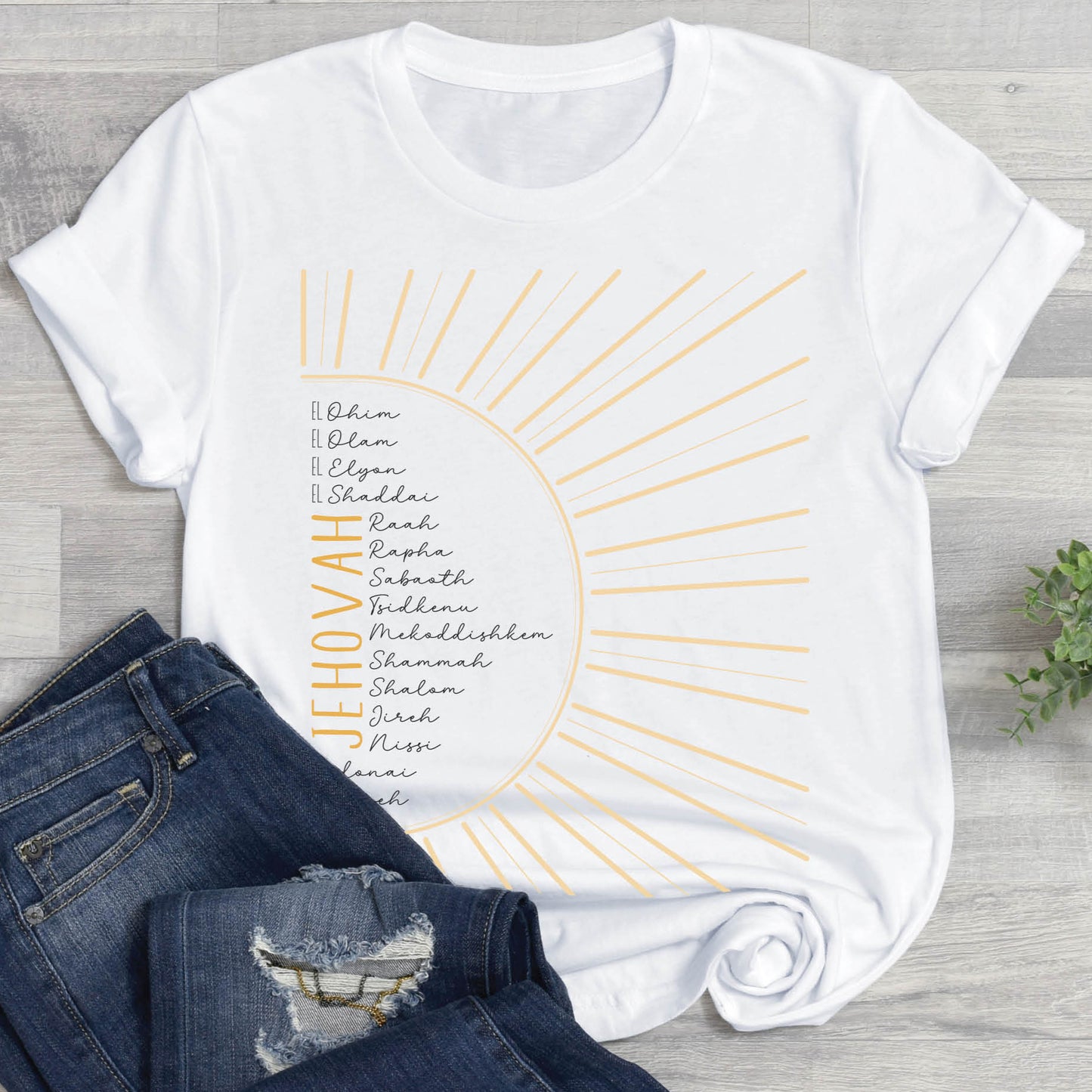 The Names of God Hebrew Christian Old Testament Bible List Sunshine T-Shirt, printed in gold and white on White Bella-Canvas 3001 t-shirt, women's soft unisex fit regular and plus size tee