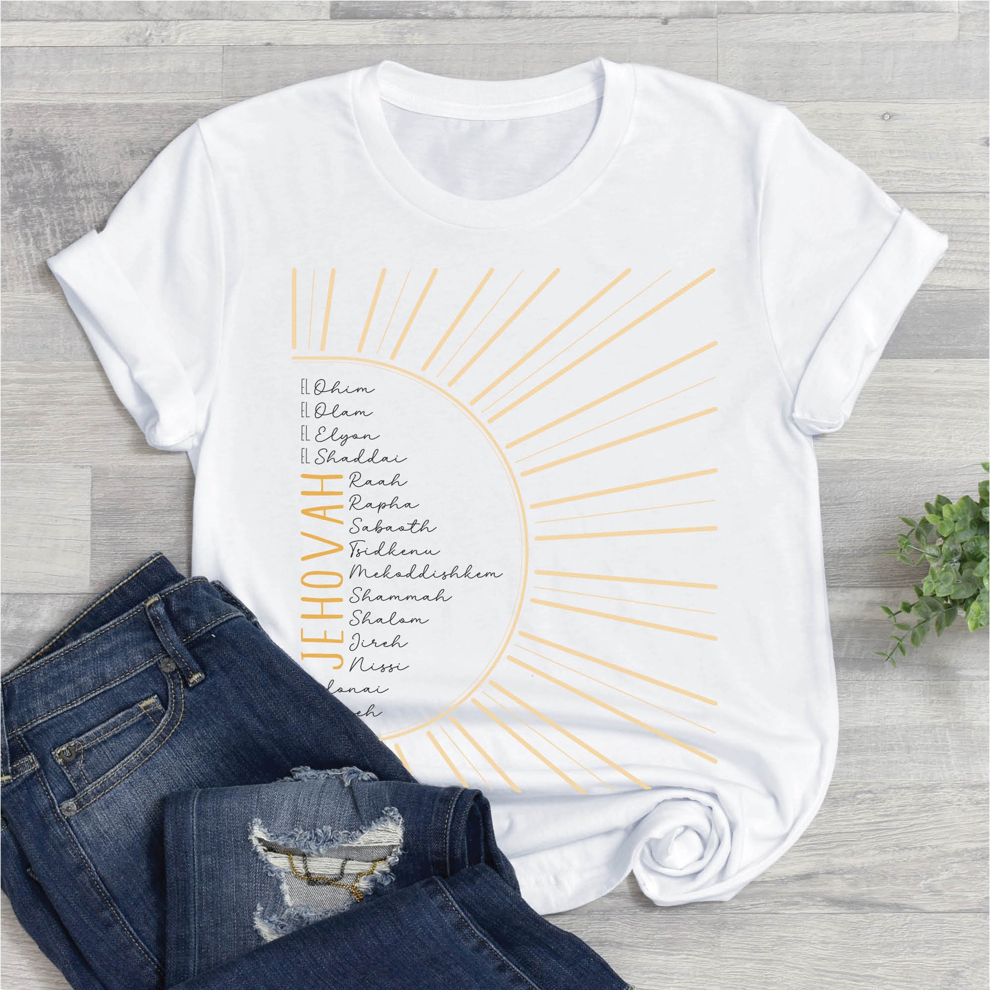 The Names of God Hebrew Christian Old Testament Bible List Sunshine T-Shirt, printed in gold and white on White Bella-Canvas 3001 t-shirt, women's soft unisex fit regular and plus size tee