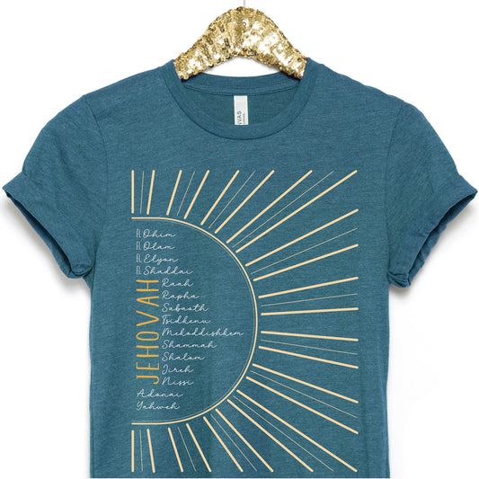 The Names of God Hebrew Christian Old Testament Bible List Sunshine T-Shirt, printed in gold and white on Heather Deep Teal Bella-Canvas 3001 t-shirt, women's unisex fit regular and plus size tee