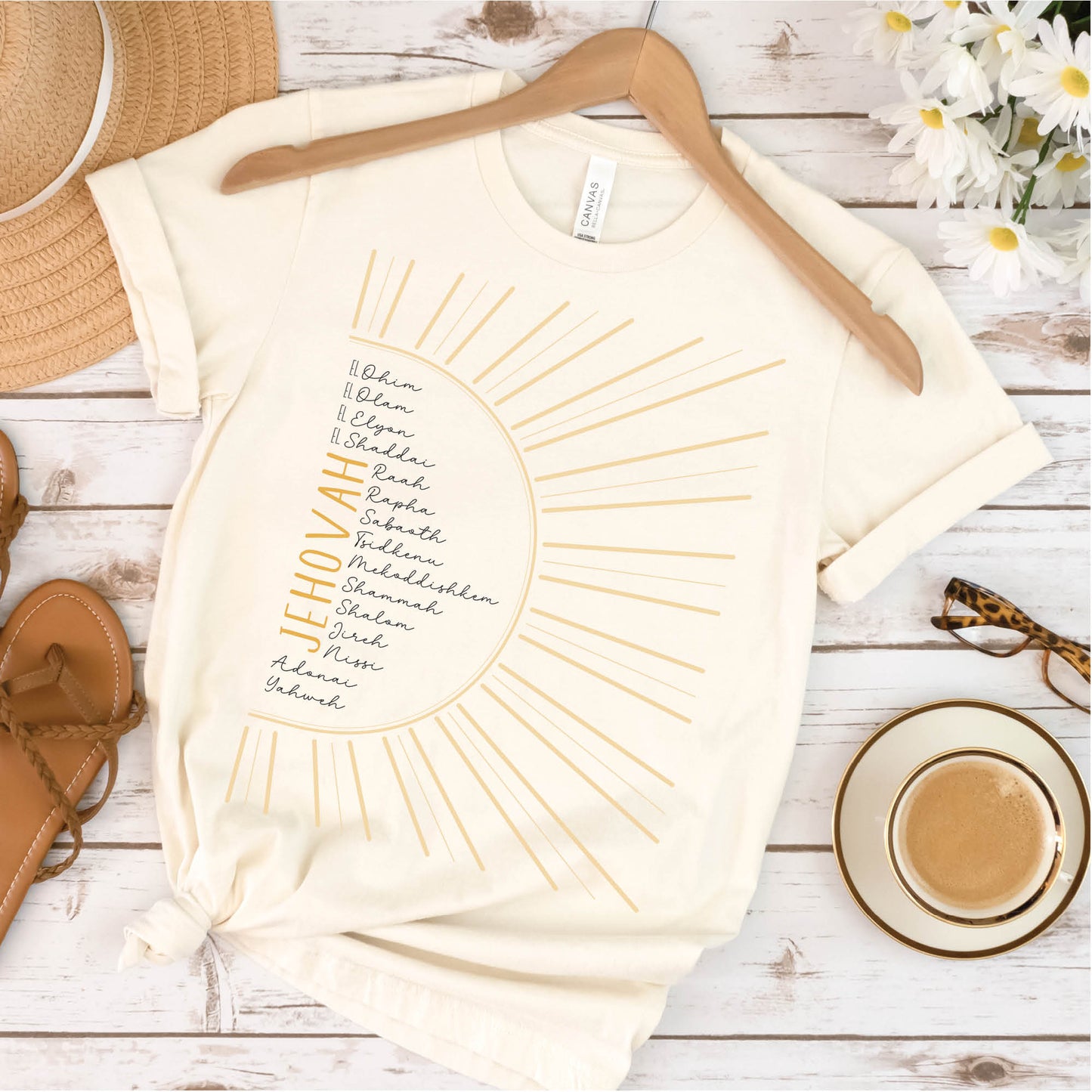 The Names of God Hebrew Christian Old Testament Bible List Sunshine T-Shirt, printed in gold and black on soft cream Bella-Canvas 3001 t-shirt, women's soft unisex fit regular and plus size tee