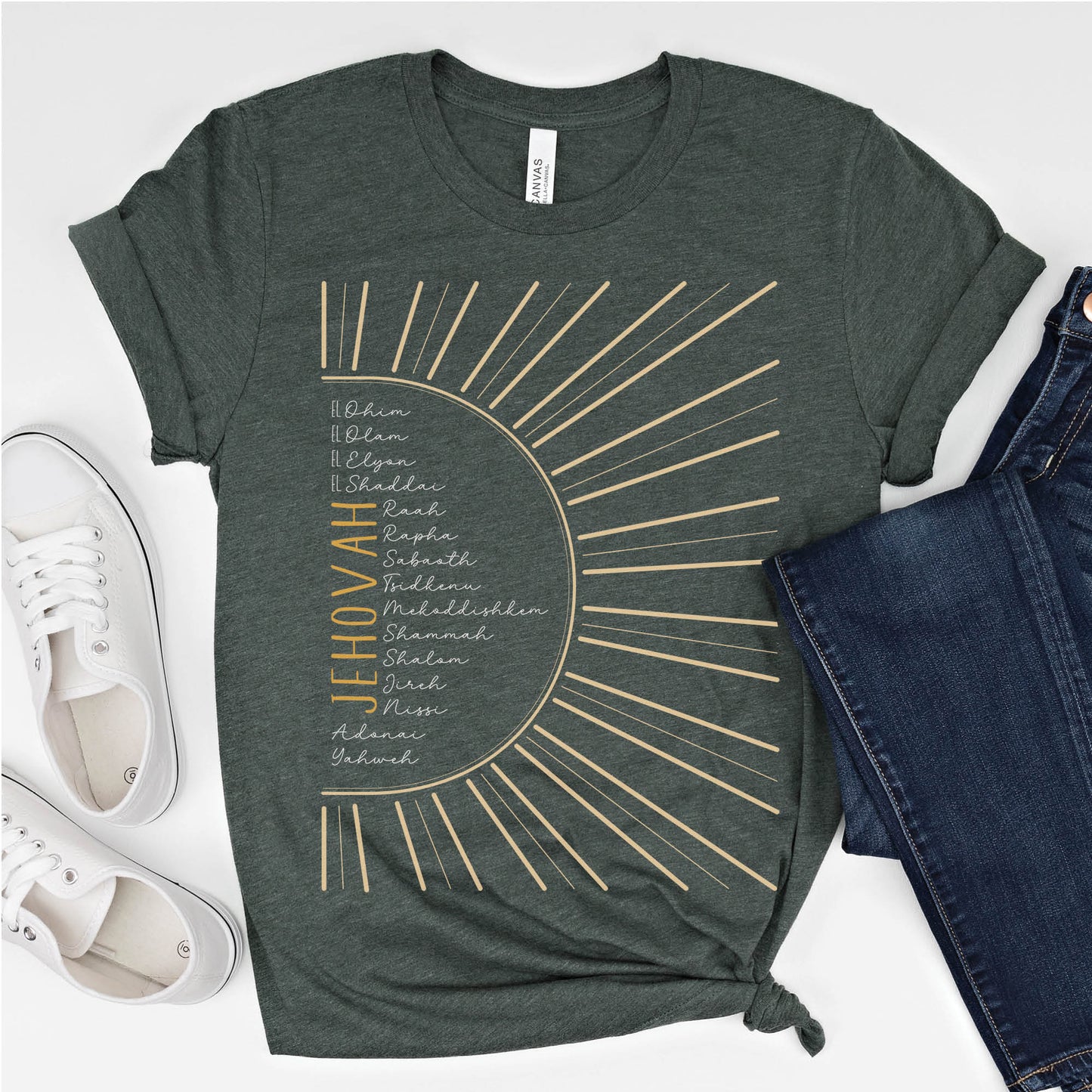 The Names of God Hebrew Christian Old Testament Bible List Sunshine T-Shirt, printed in gold and white on Heather Forest Green Bella-Canvas 3001 t-shirt, women's soft unisex fit regular and plus size tee
