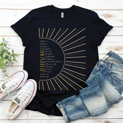 The Names of God Hebrew Christian Old Testament Bible List Sunshine T-Shirt, printed in gold and white on Black Bella-Canvas 3001 t-shirt, women's soft unisex fit regular and plus size tee
