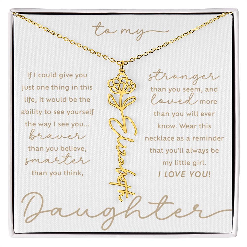 To My Daughter i love you message card November chrysanthemum birth month flower script custom name 18k gold necklace in a standard two-tone gift box - perfect Christmas or birthday gift