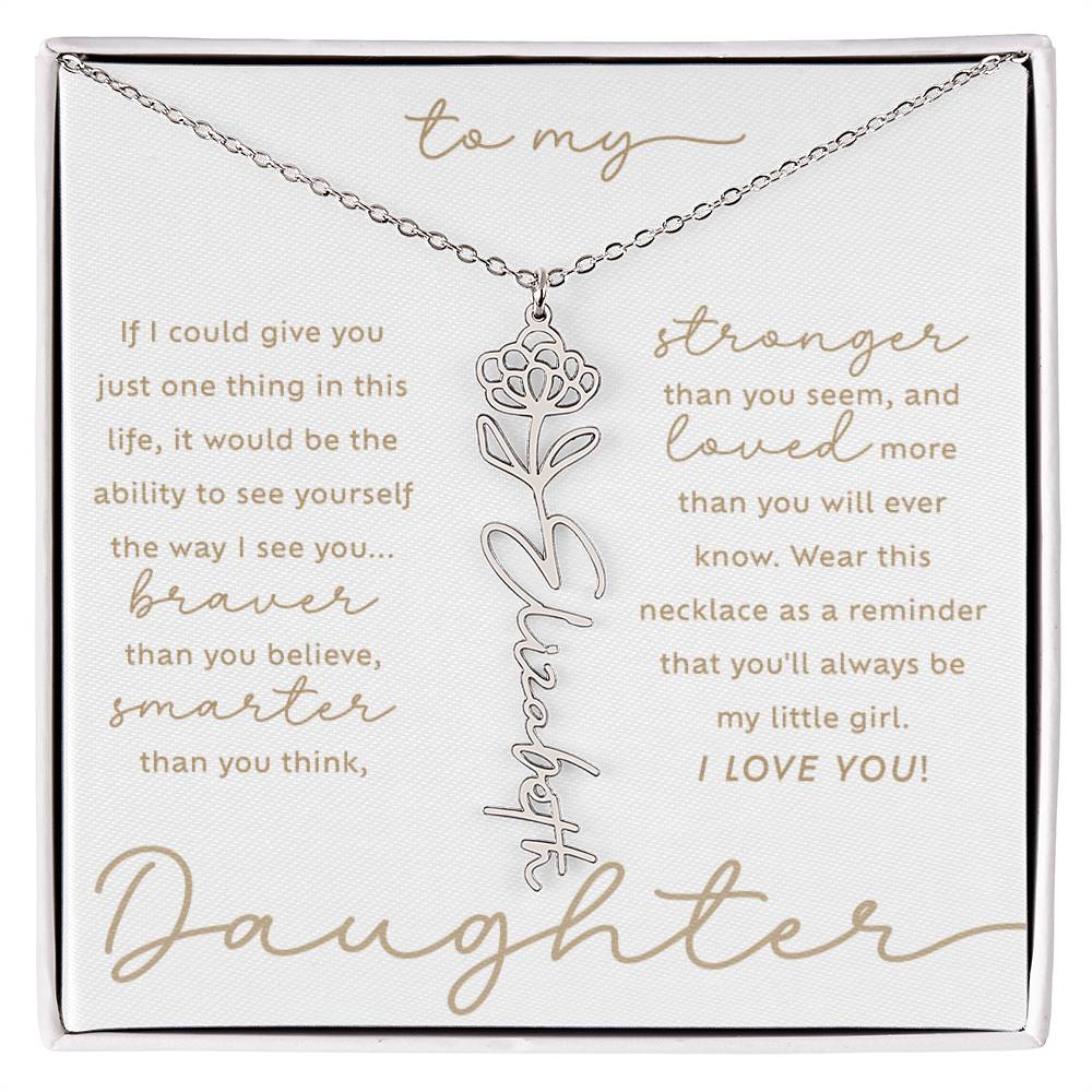 To My Daughter i love you message card custom November chrysanthemum birth month flower script name necklace in polished stainless steel - perfect Christmas or birthday gift for your daughter!