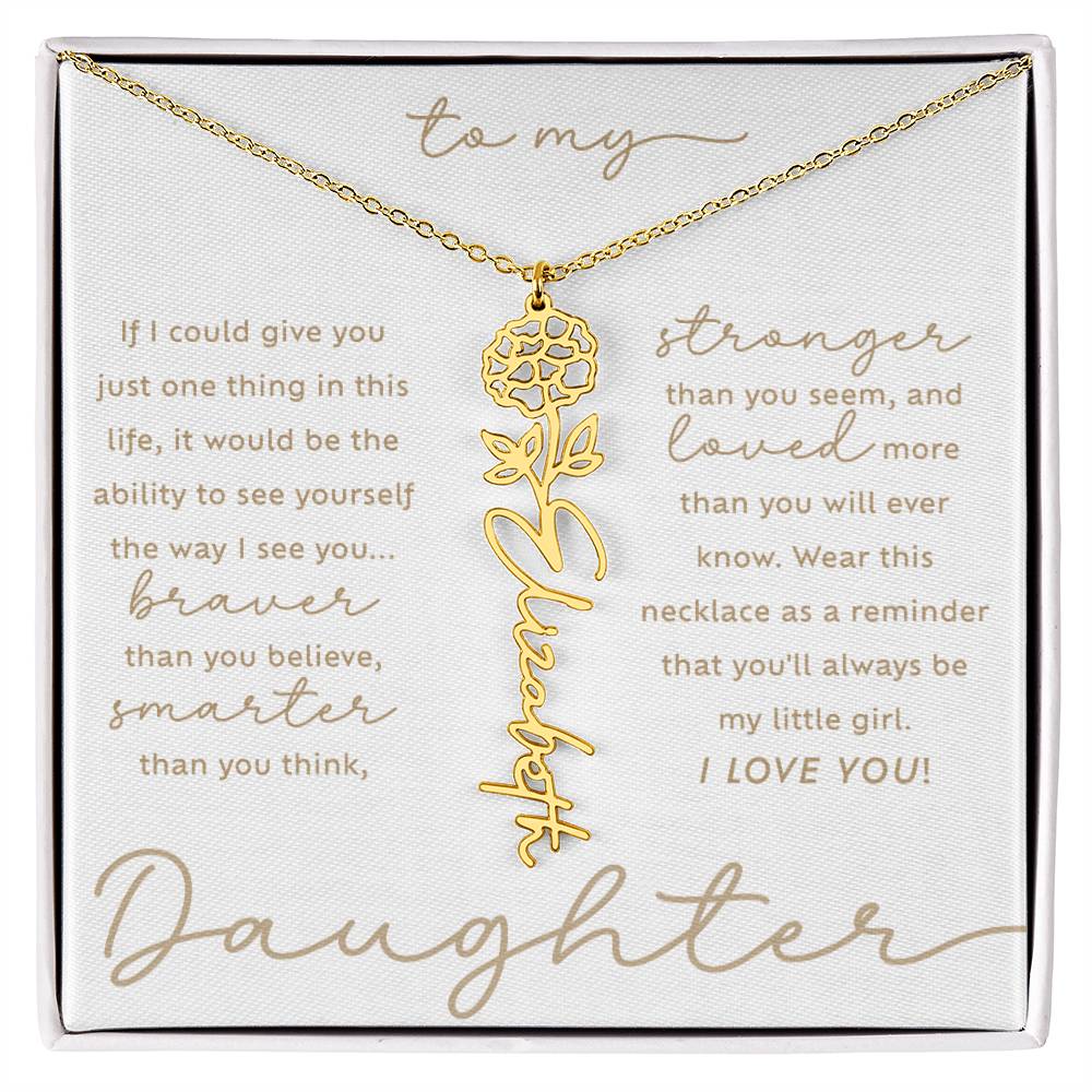 To My Daughter i love you message card October marigold birth month flower script custom name 18k gold necklace in a standard two-tone gift box - perfect Christmas or birthday gift