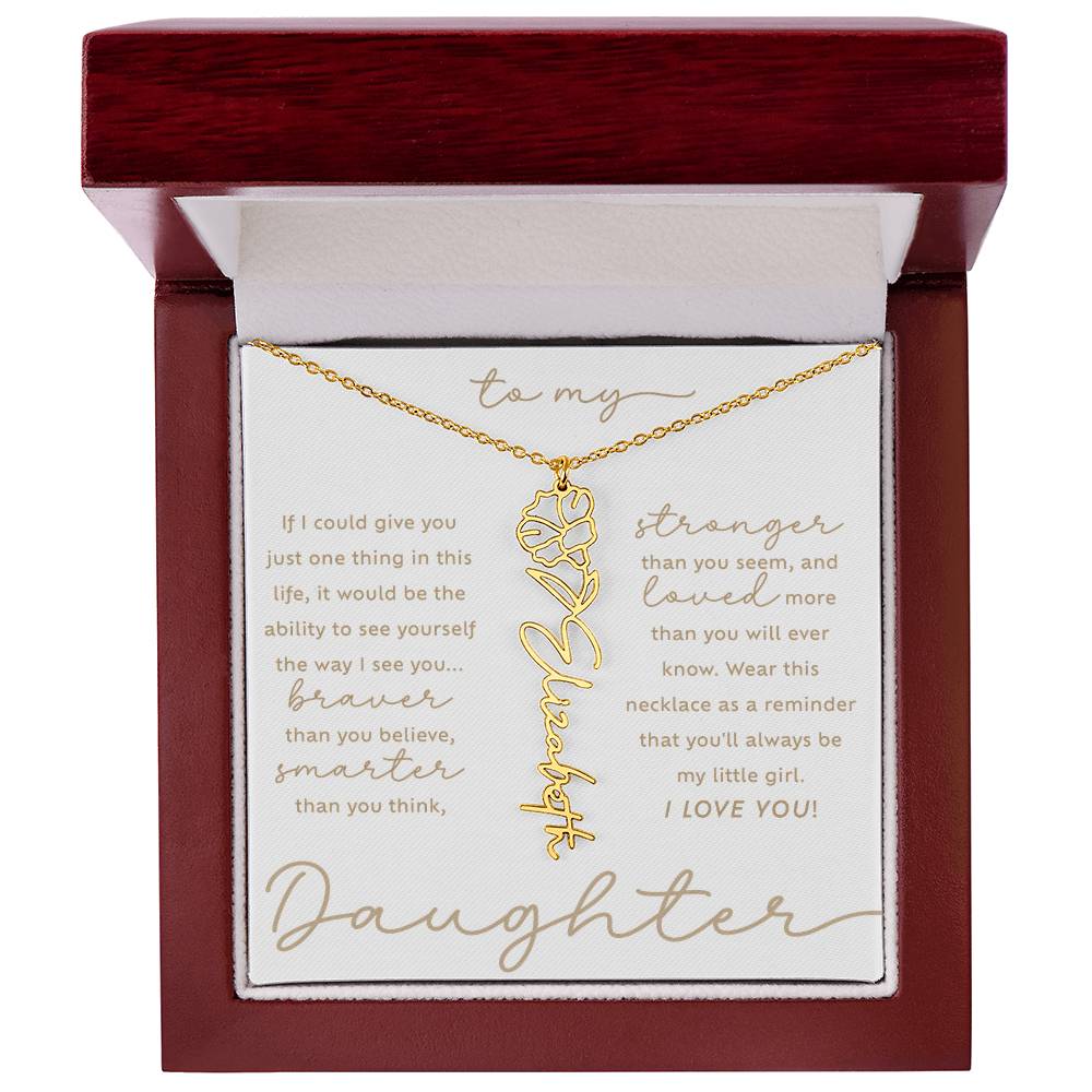 To My Daughter i love you message card October marigold birth month flower custom script name necklace in 18k gold - luxury LED light gift box - perfect Christmas or birthday gift for your lovely daughter