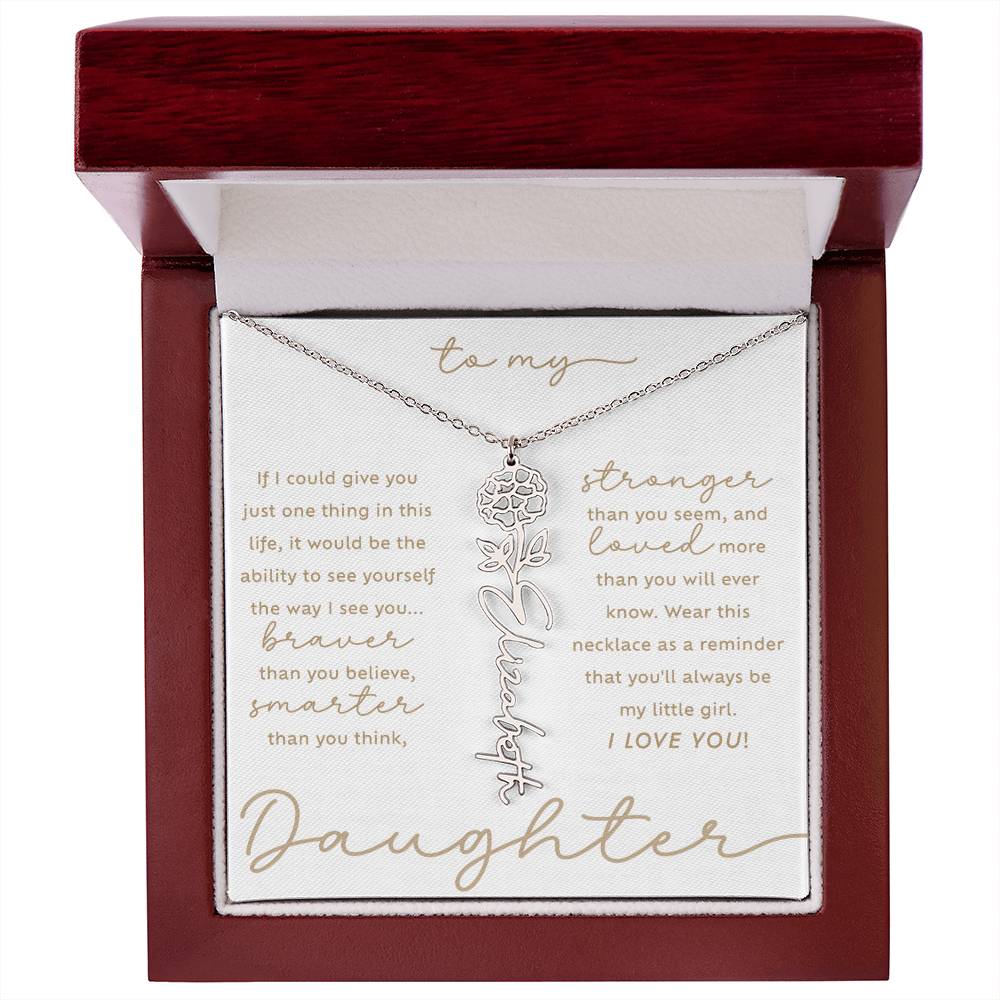 To My Daughter i love you message card October marigold birth month flower custom script name necklace in polished stainless steel - luxury LED light gift box - perfect Christmas or birthday gift for your lovely daughter