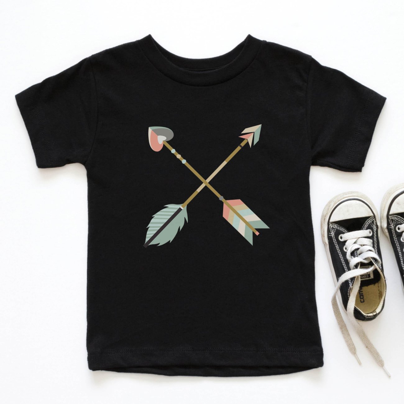 Cute kids toddler 2T 3T 4T 5T size black color Christian t-shirt with pastel boho criss-cross arrows for matching mommy-and-me Psalm 127:3-5 Raising a Quiver Full of Arrows bible verse w