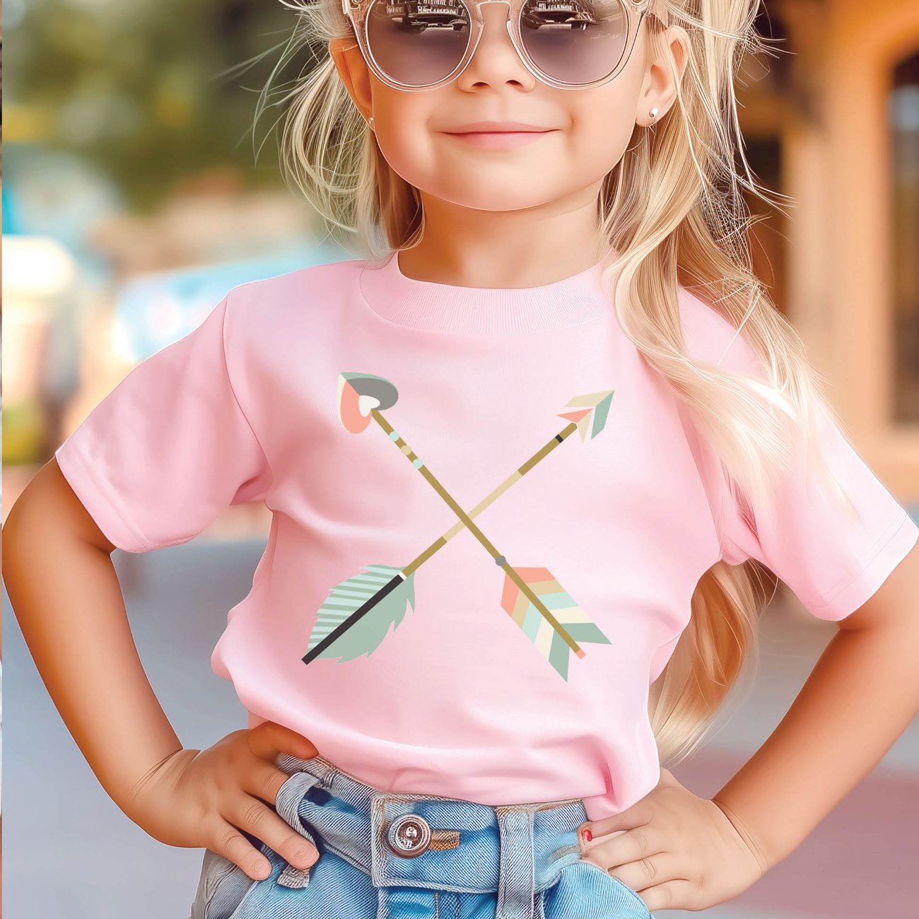 Adorable toddler girl wearing a soft pink kids Christian t-shirt with pastel boho criss-cross arrows for matching mommy-and-me Psalm 127:3-5 Raising a Quiver Full of Arrows bible verse women's tee