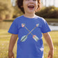 Cute toddler boy wearing a heather Columbia blue kids Christian t-shirt with pastel boho criss-cross arrows for matching mommy-and-me Psalm 127:3-5 Raising a Quiver Full of Arrows bible verse women's tee