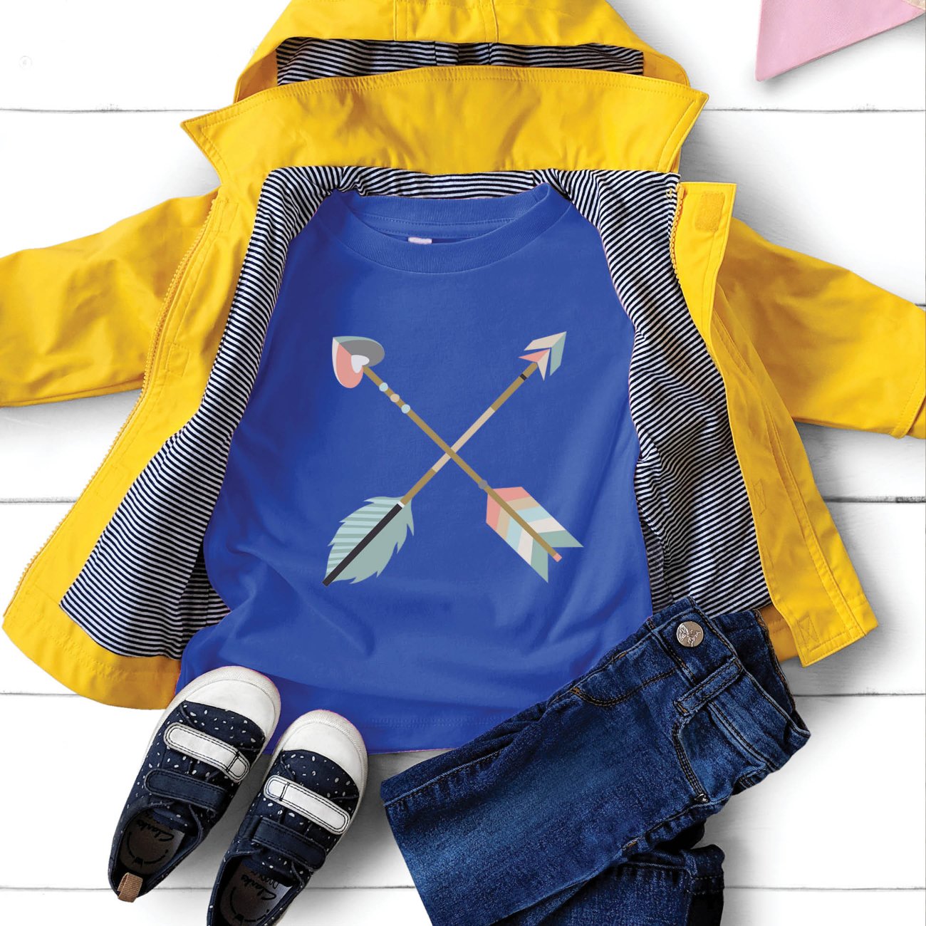 Cute Blue kids toddler 2T 3T 4T 5T size Christian t-shirt with pastel boho criss-cross arrows for matching mommy-and-me Psalm 127:3-5 Raising a Quiver Full of Arrows bible verse w