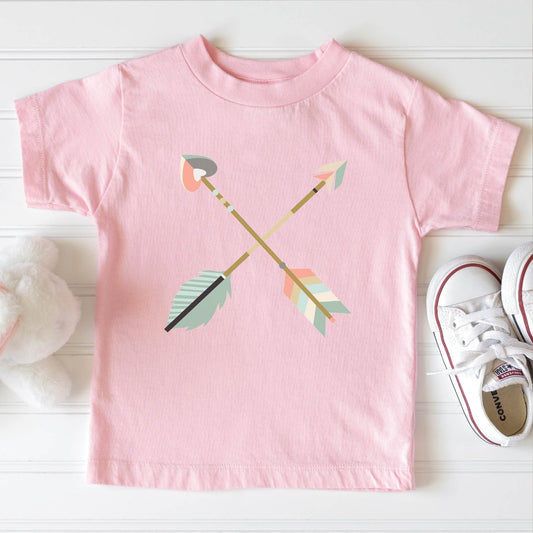 Cute girl soft pink toddler 2T 3T 4T 5T size Christian t-shirt with pastel boho criss-cross arrows for matching mommy-and-me Psalm 127:3-5 Raising a Quiver Full of Arrows bible verse women's tee