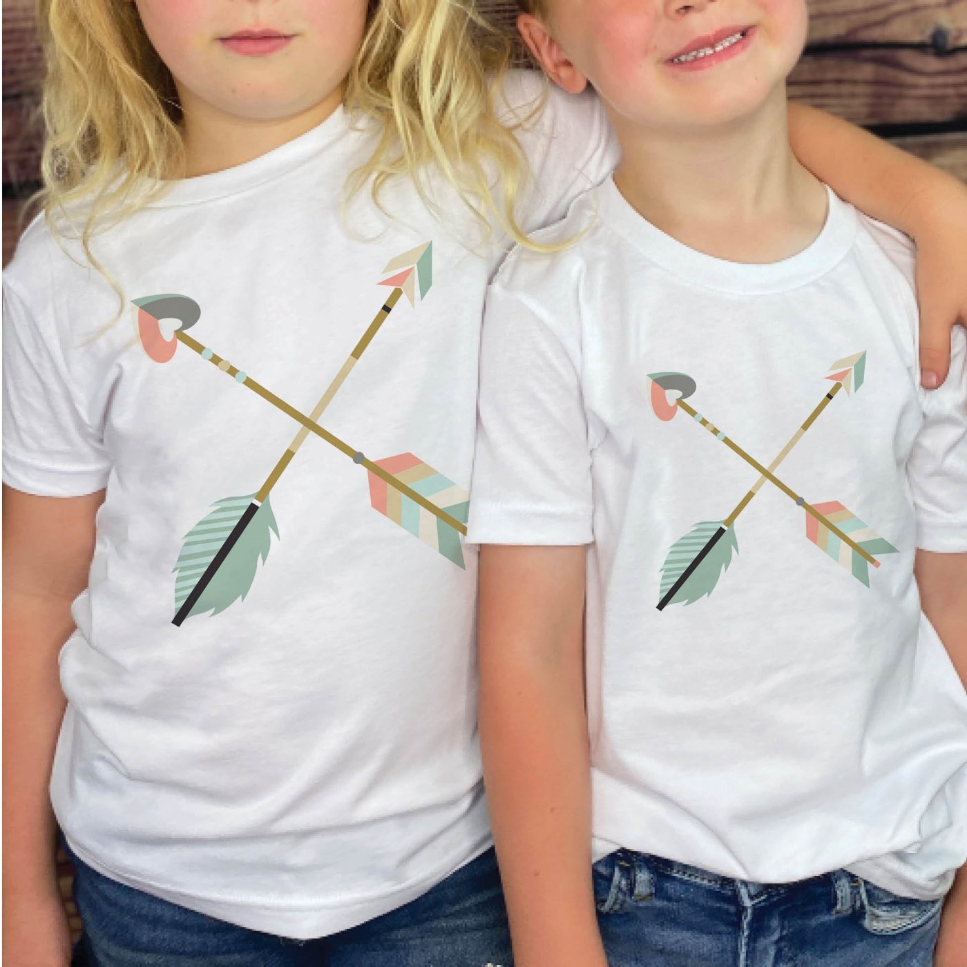 Cute girl & boy matching brother & sister toddler 2T 3T 4T 5T size white Christian t-shirt with pastel boho criss-cross arrows to match mommy-and-me Psalm 127 Raising a Quiver Full of Arrows bible verse women's tee