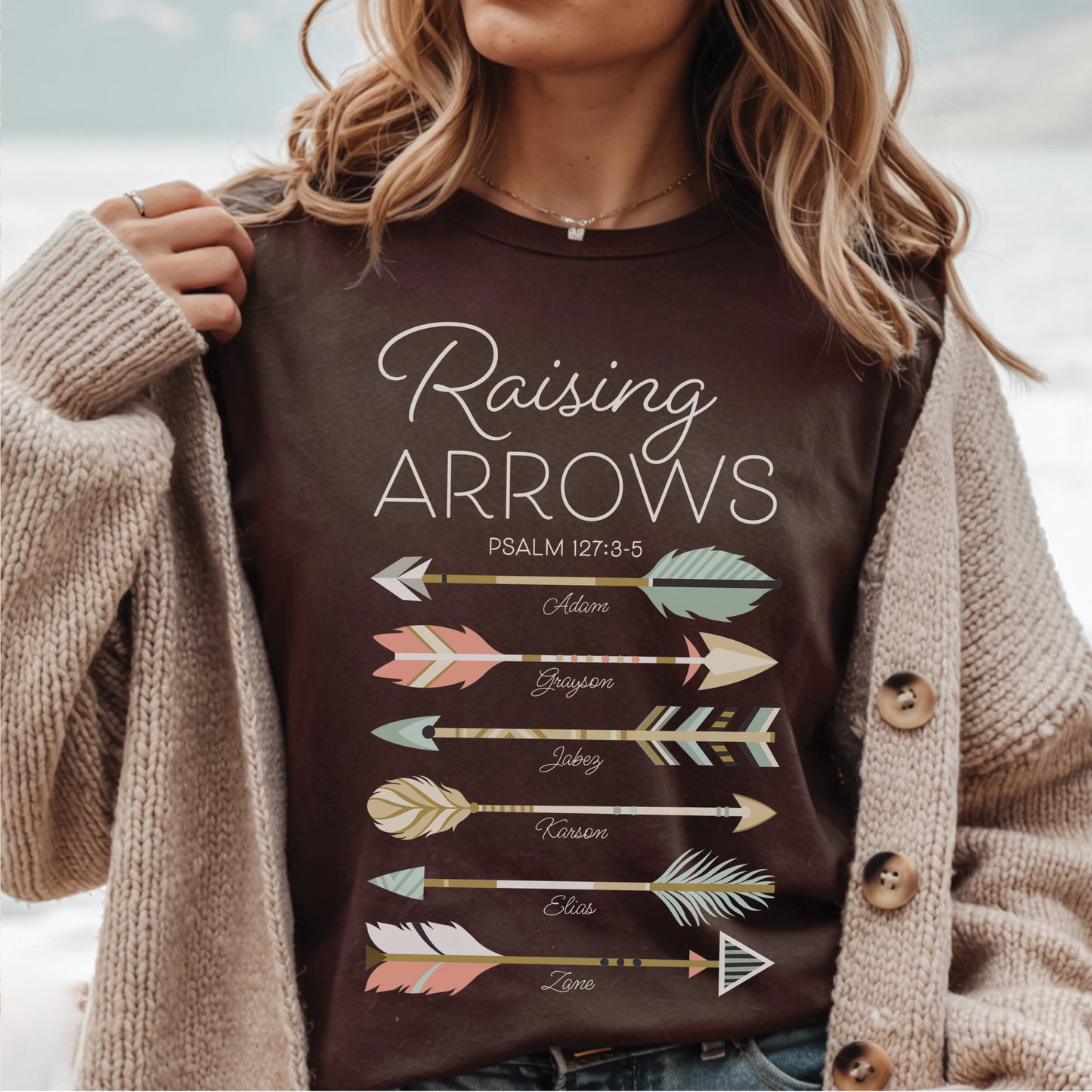 Raising Arrows Personalized Christian Mom T-Shirt - Add 6 Names