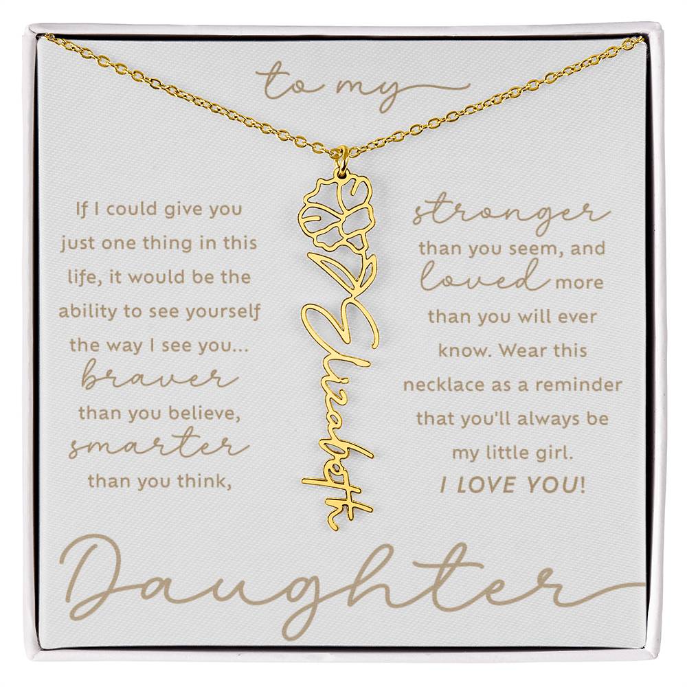 To My Daughter i love you message card September morning glory birth month flower script custom name 18k gold necklace in a standard two-tone gift box - perfect Christmas or birthday gift