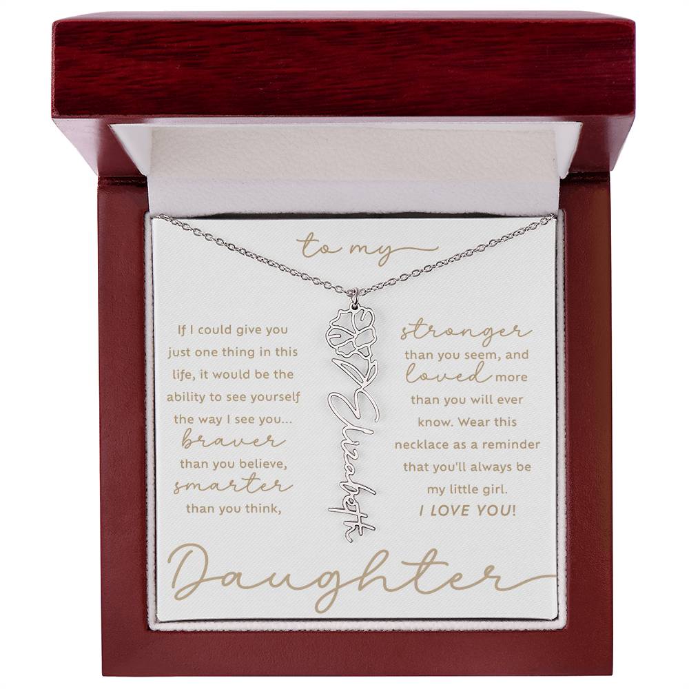 To My Daughter i love you message card September morning glory birth month flower custom script name necklace in polished stainless steel - luxury LED light gift box - perfect Christmas or birthday gift for your lovely daughter