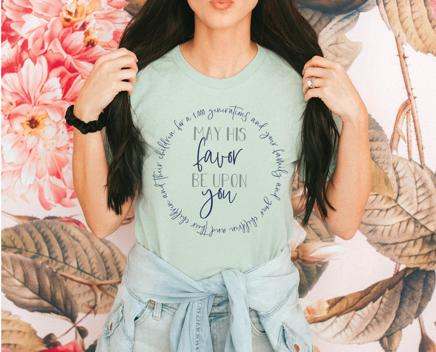 Faith based woman wearing May His Favor Be Upon family & children Numbers 6 The Blessing Christian aesthetic circle design printed on soft heather dusty blue t-shirt for women