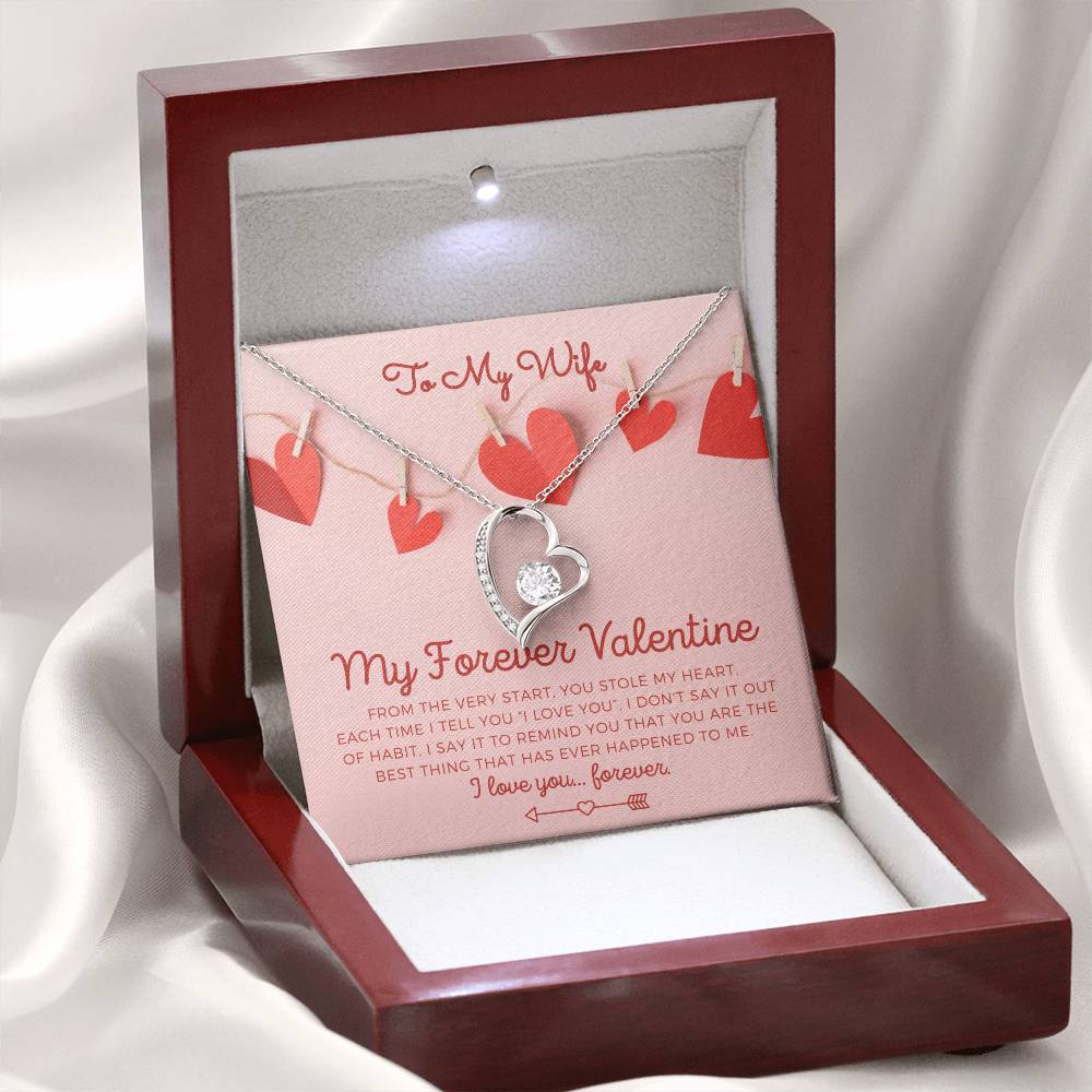 To My Wife, Girlfriend, Soulmate, Custom title, My Forever Valentine heart white gold and cubic zirconia necklace Valentine's Day gift for her with pink and red hearts I Love You personalized message card with optional LED spotlight luxury mahogany jewelry gift box