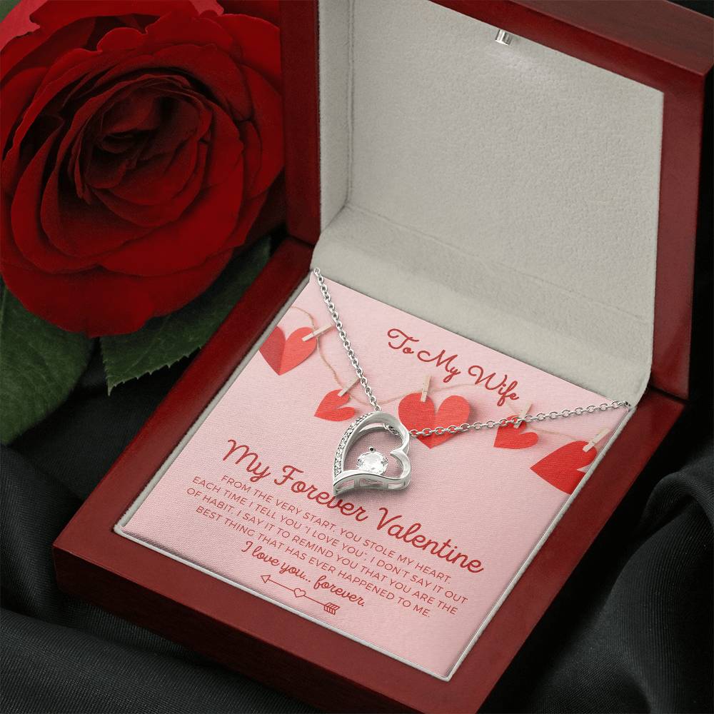 To My Wife, Girlfriend, Soulmate, Custom title, My Forever Valentine heart white gold and cubic zirconia necklace Valentine's Day gift for her with pink and red hearts I Love You personalized message card with optional LED Light luxury mahogany jewelry gift box