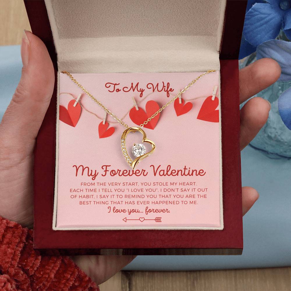 To My Wife, Girlfriend, Soulmate, Custom title, My Forever Valentine heart yellow gold and cubic zirconia necklace Valentine's Day gift for her with pink and red hearts I Love You personalized message card with optional LED Light luxury mahogany jewelry gift box