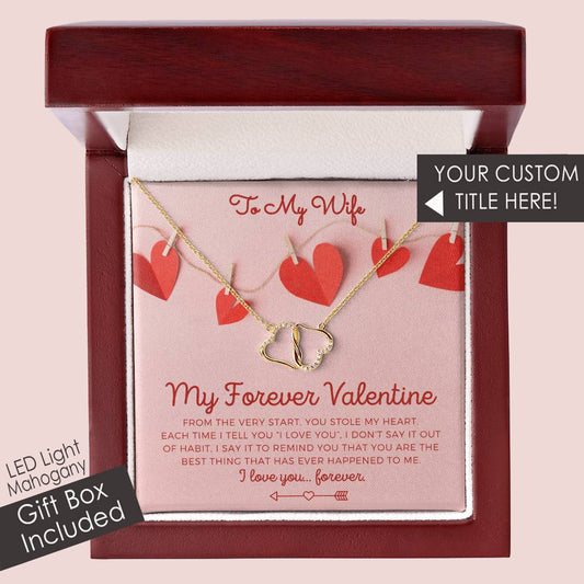 To My Wife, Girlfriend, Soulmate, Custom title, My Forever Valentine connected interlocking double heart 10k gold and real diamond Valentine's Day necklace gift for her with pink and red heart I Love You personalized message card with luxury mahogany LED light jewelry gift box included