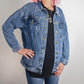 Faith-based typography statement design, "Jesus is better - once and for all", Hebrews Bible verse printed on back side of classic and cozy women's denim jean jacket