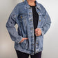 Front side of "Jesus is better - once and for all" Hebrews Bible verse retro logo design printed classic and cozy women's Large denim jean jacket