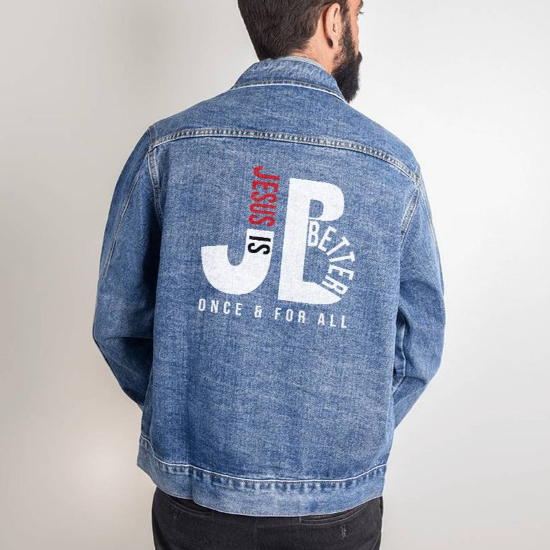 Faith-based typography statement design, "JB - Jesus is better - once and for all", Hebrews Bible verse printed on back side of classic and cozy men's denim jean jacket, great Father's Day Gift for Dad, Husband, Son