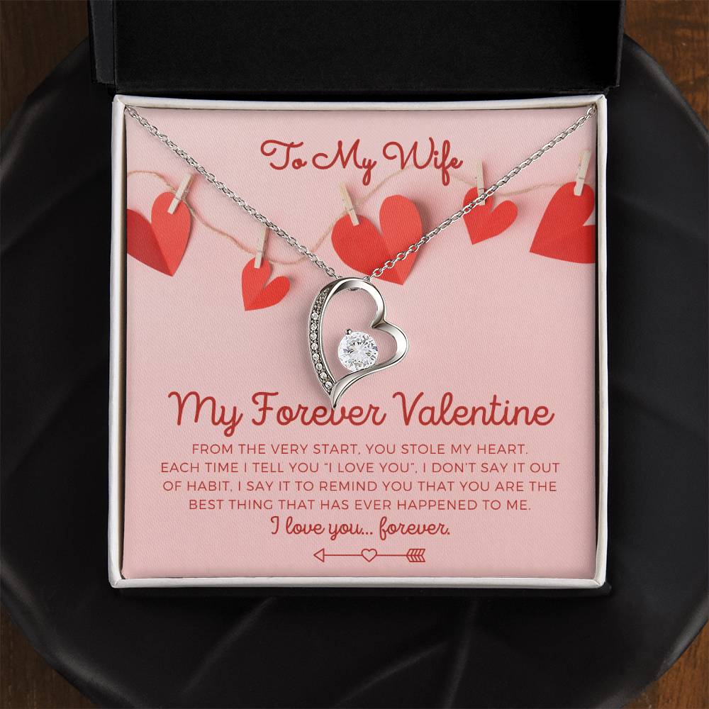 To My Wife, Girlfriend, Soulmate, Custom title, My Forever Valentine heart white gold and cubic zirconia necklace Valentine's Day gift for her with pink and red hearts I Love You personalized message card with jewelry gift box included