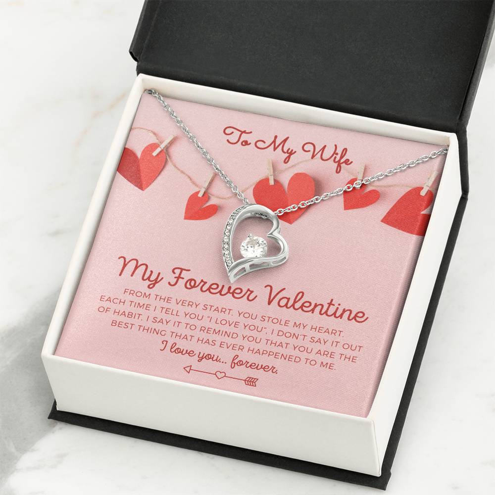 To My Wife, Girlfriend, Soulmate, Custom title, My Forever Valentine heart white gold and cubic zirconia necklace Valentine's Day gift for her with pink and red hearts I Love You personalized message card with jewelry gift box included