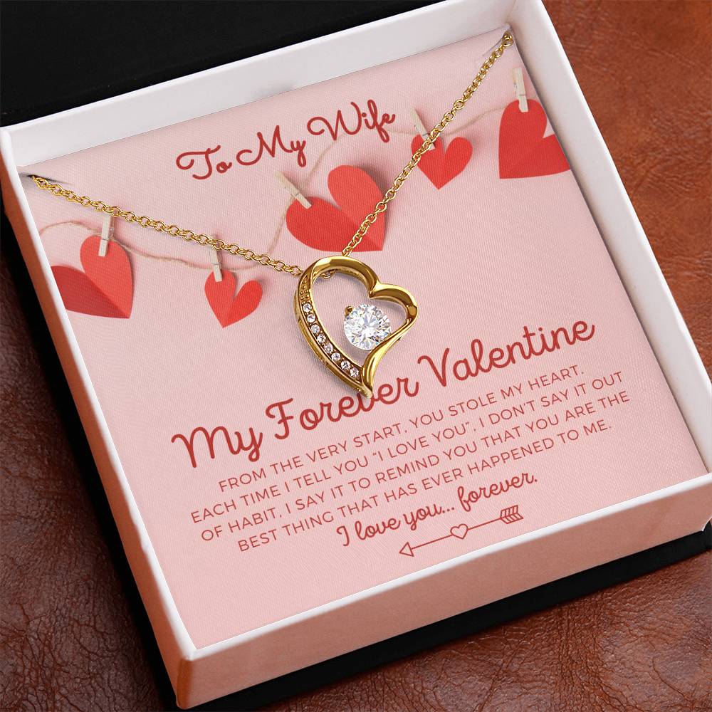 To My Wife, Girlfriend, Soulmate, Custom title, My Forever Valentine heart yellow gold and cubic zirconia necklace Valentine's Day gift for her with pink and red hearts I Love You personalized message card with jewelry gift box included
