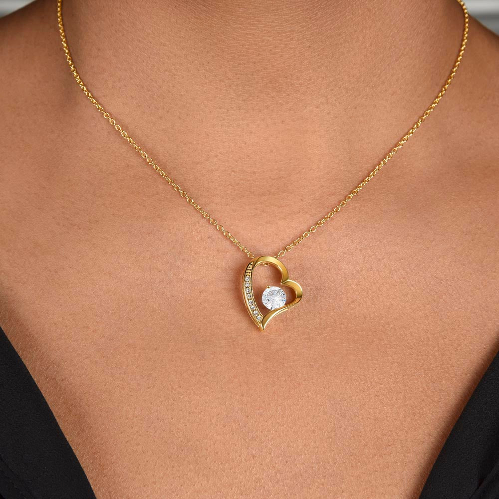woman wearing a To My Wife, Girlfriend, Soulmate, Custom title, My Forever Valentine yellow gold and cubic zirconia heart necklace gift for her with pink and red hearts I Love You personalized message card with jewelry gift box included