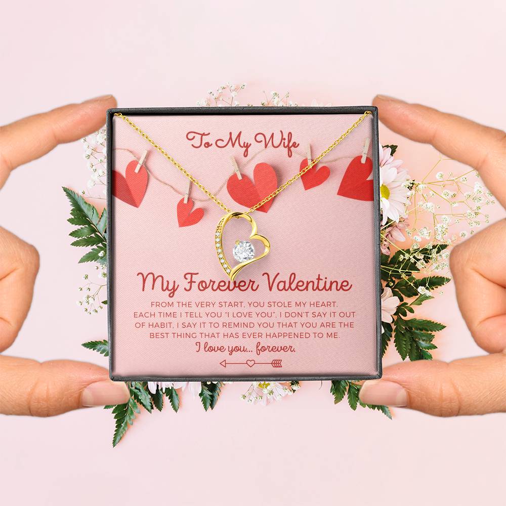 To My Wife, Girlfriend, Soulmate, Custom title, My Forever Valentine heart yellow gold and cubic zirconia necklace Valentine's Day gift for her with pink and red hearts I Love You personalized message card with jewelry gift box included