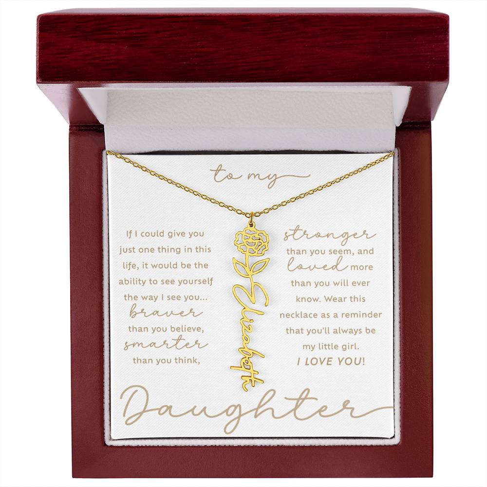 To My Daughter i love you message card custom January birth month flower script name 18k gold necklace in a luxury LED light box - perfect Christmas or birthday gift